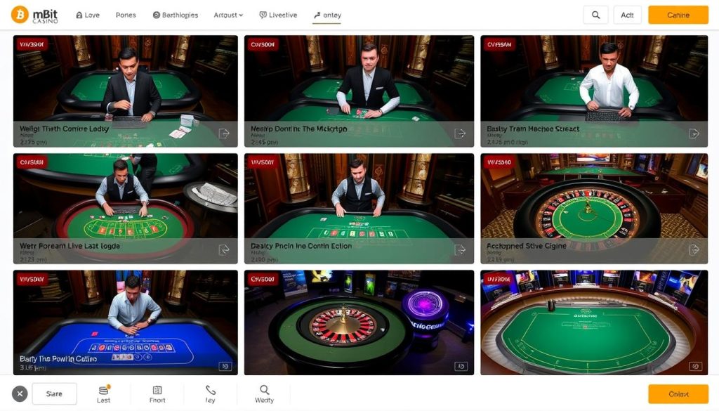 mBit Casino live dealer games showing blackjack, roulette and game show options
